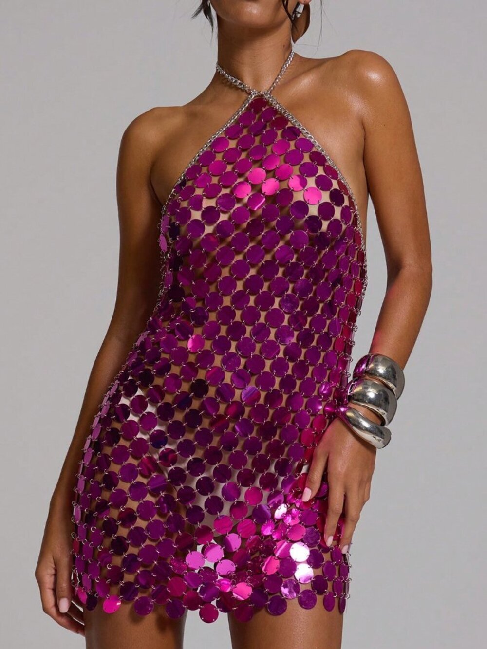 Purple Elegant Women's Disc Sequin Halterneck Mini Dress
